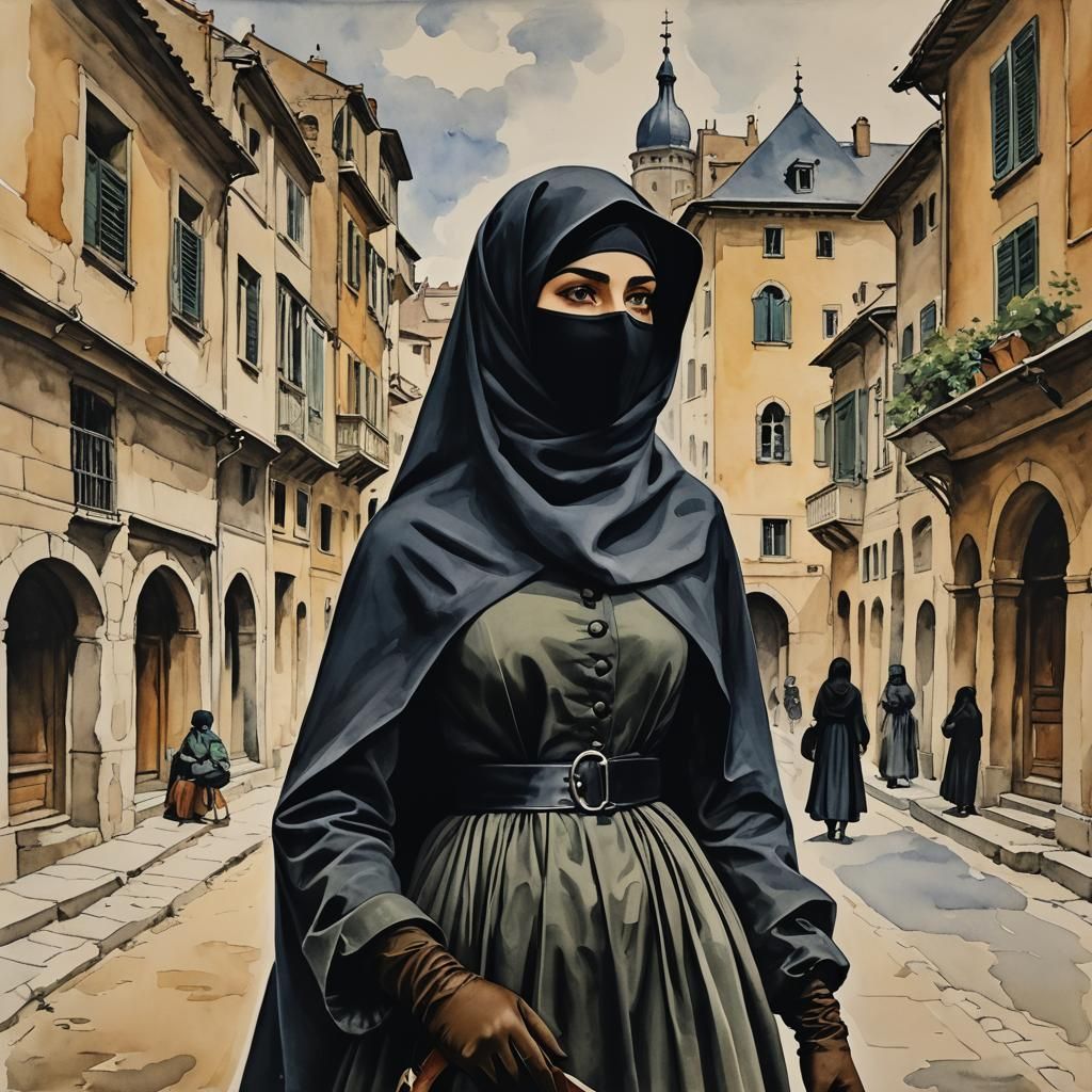 Niqabi Woman in Victorian Dress, Gouache Ink Print