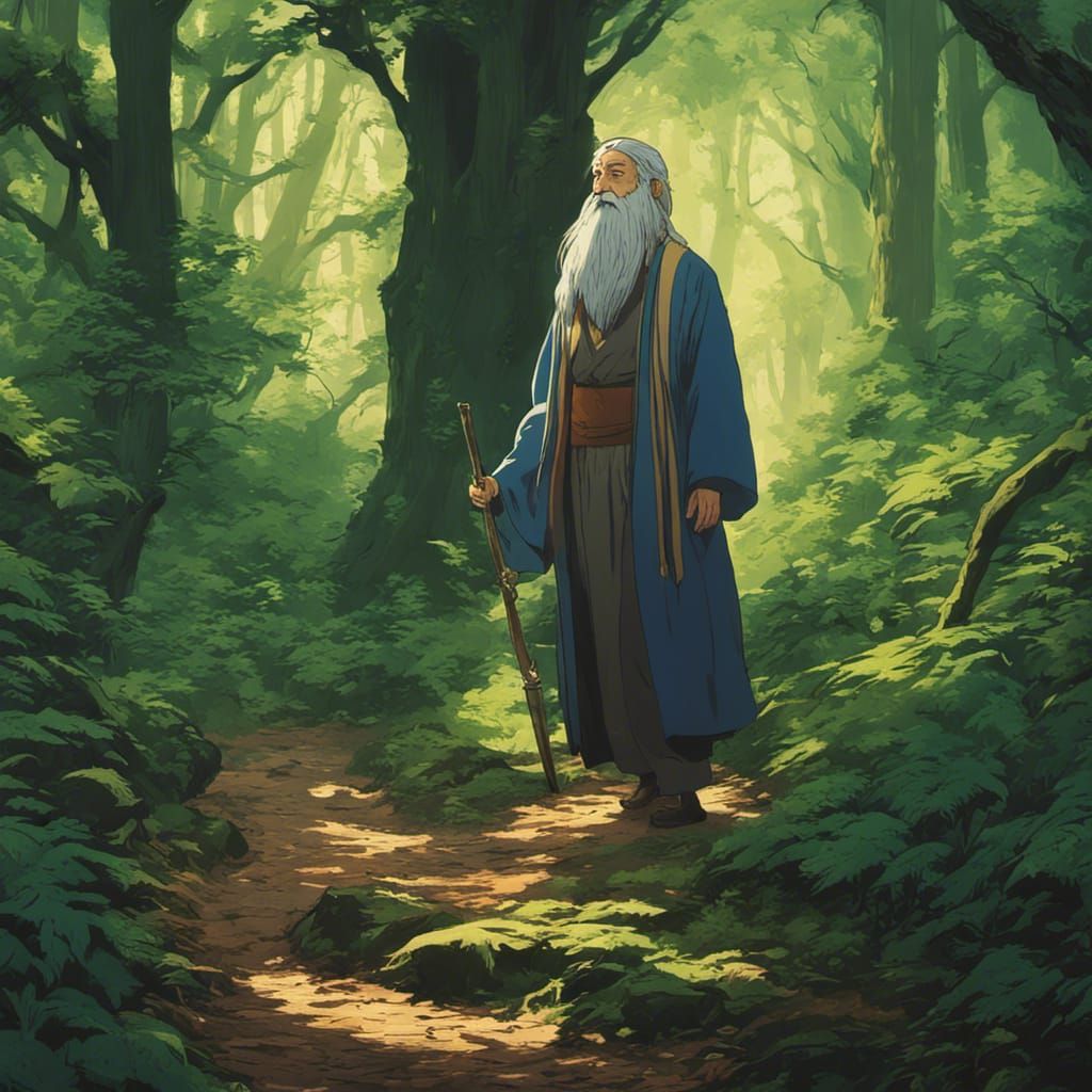 Old Mage Walking in Forest, Anime Key Visual