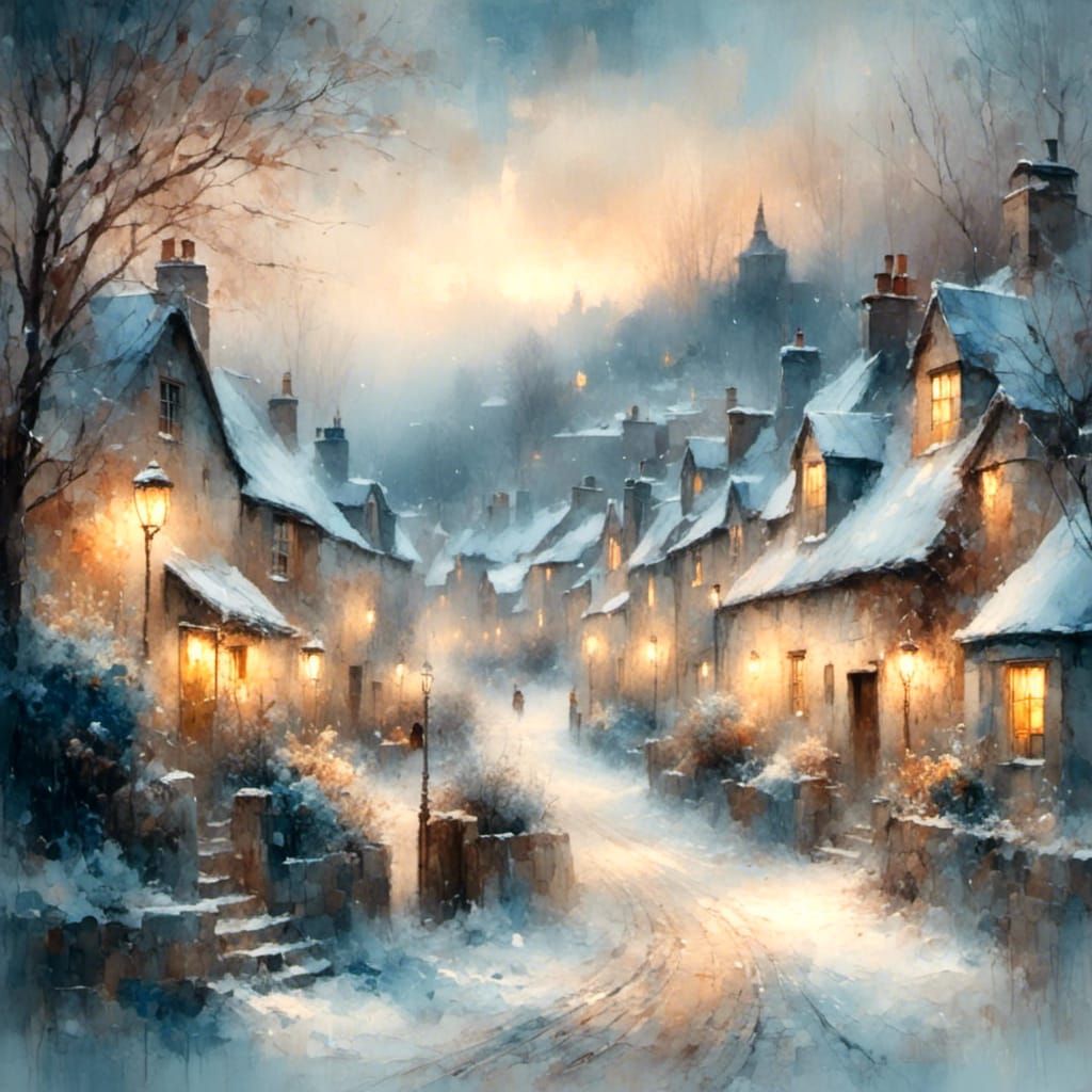 Snowy English Village in Watercolor Painting Style