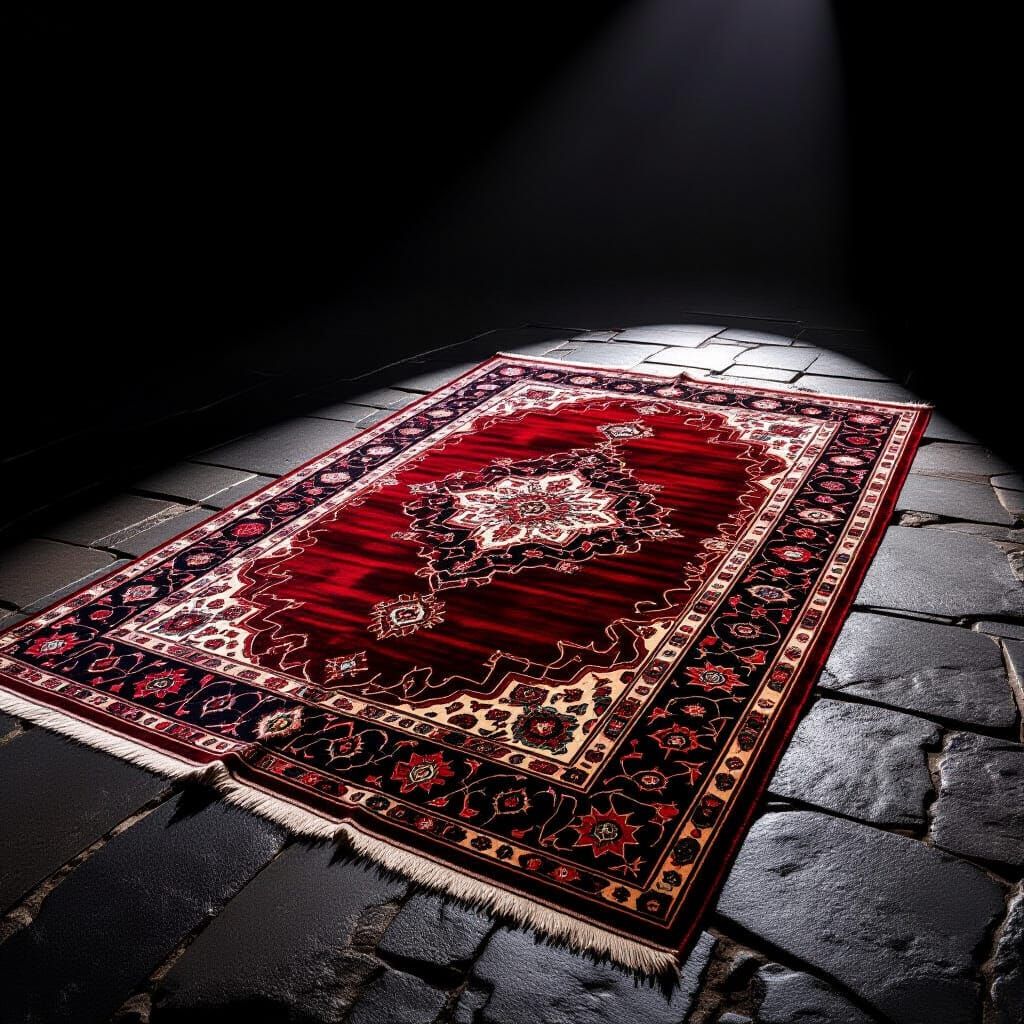 Ornate Oriental Rug on Moonlit Stone Floor