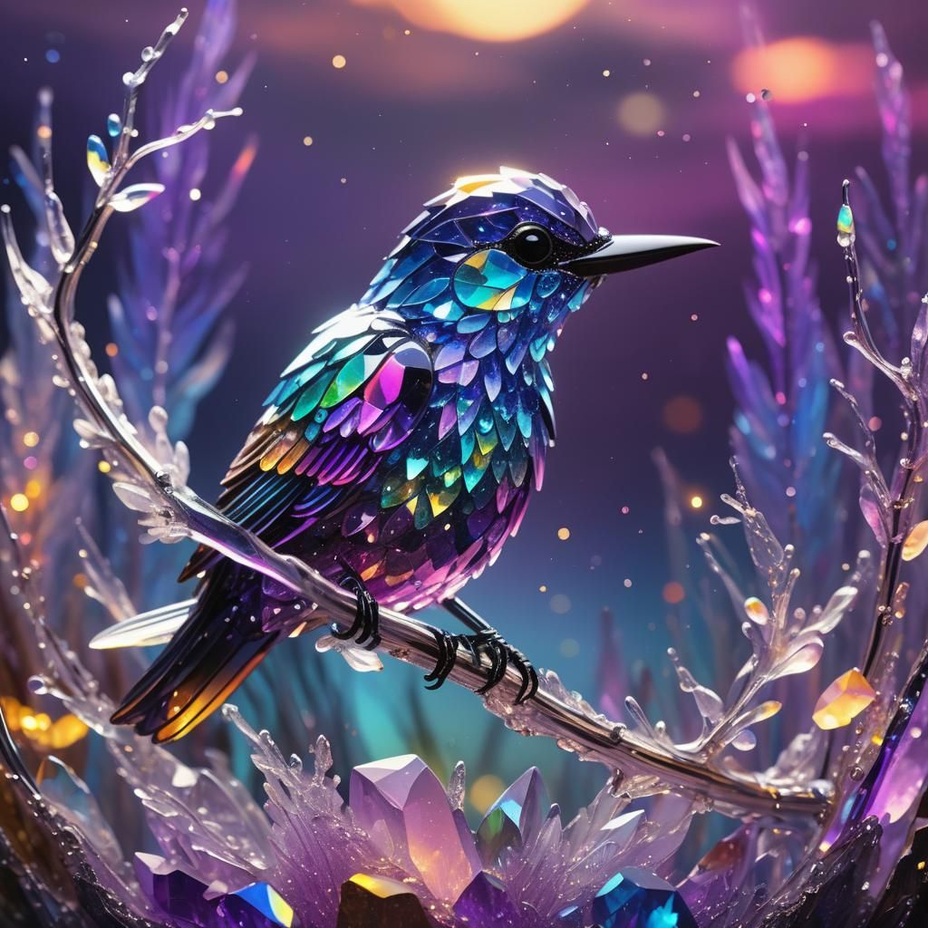 Bioluminescent Crystal Bird in Glass Art Style
