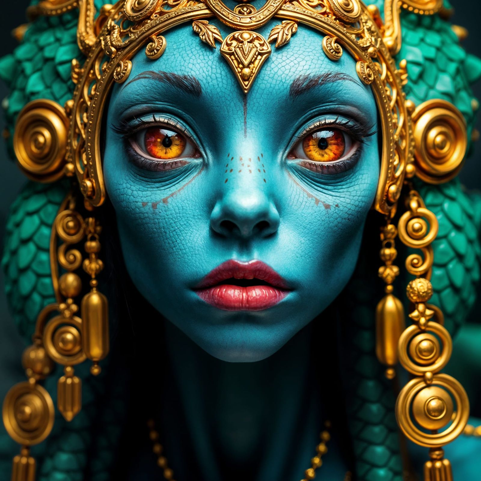 Ethereal Alien Goddess in Vibrant Turquoise and Gold