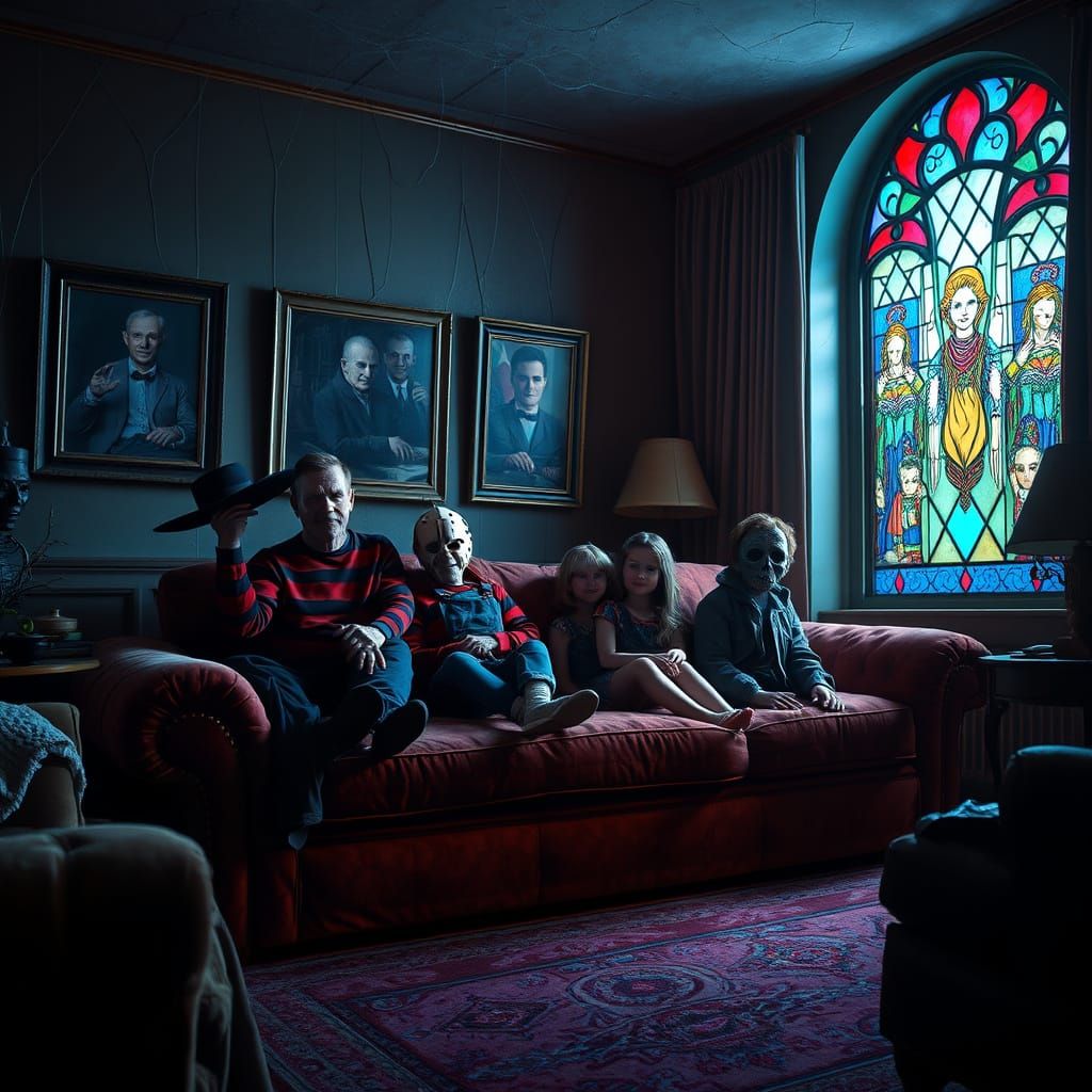 Horror Icons Hide Behind a Family in a Haunting Living Room ...
