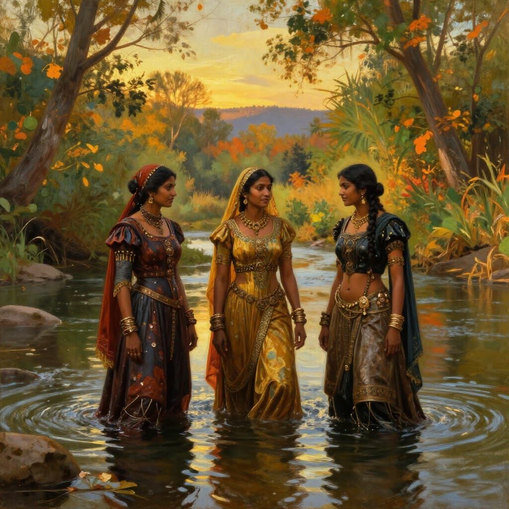 Steampunk Indian Women in Autumn River Oil Painting