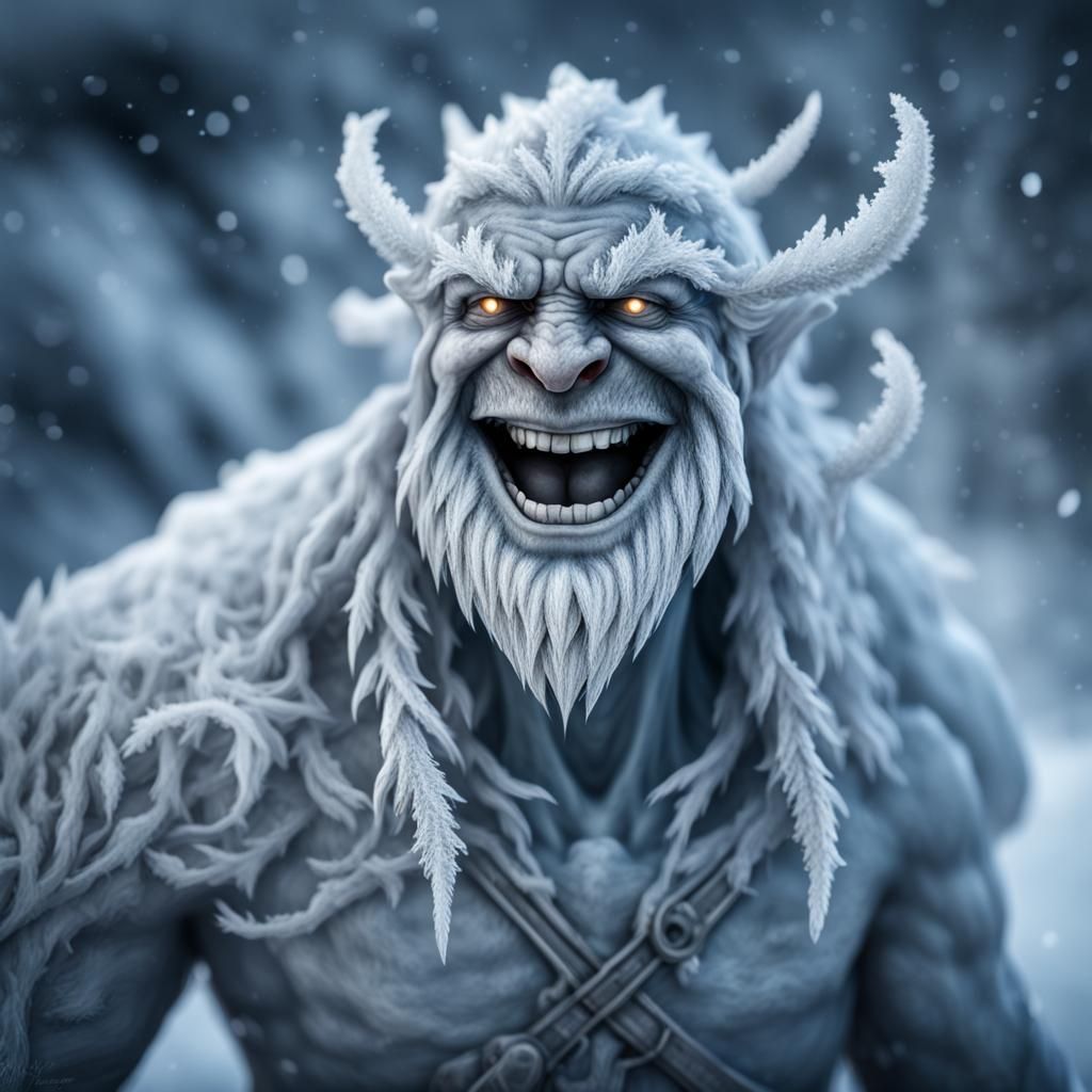 Smiling Frost Giant in Hyperrealistic Style