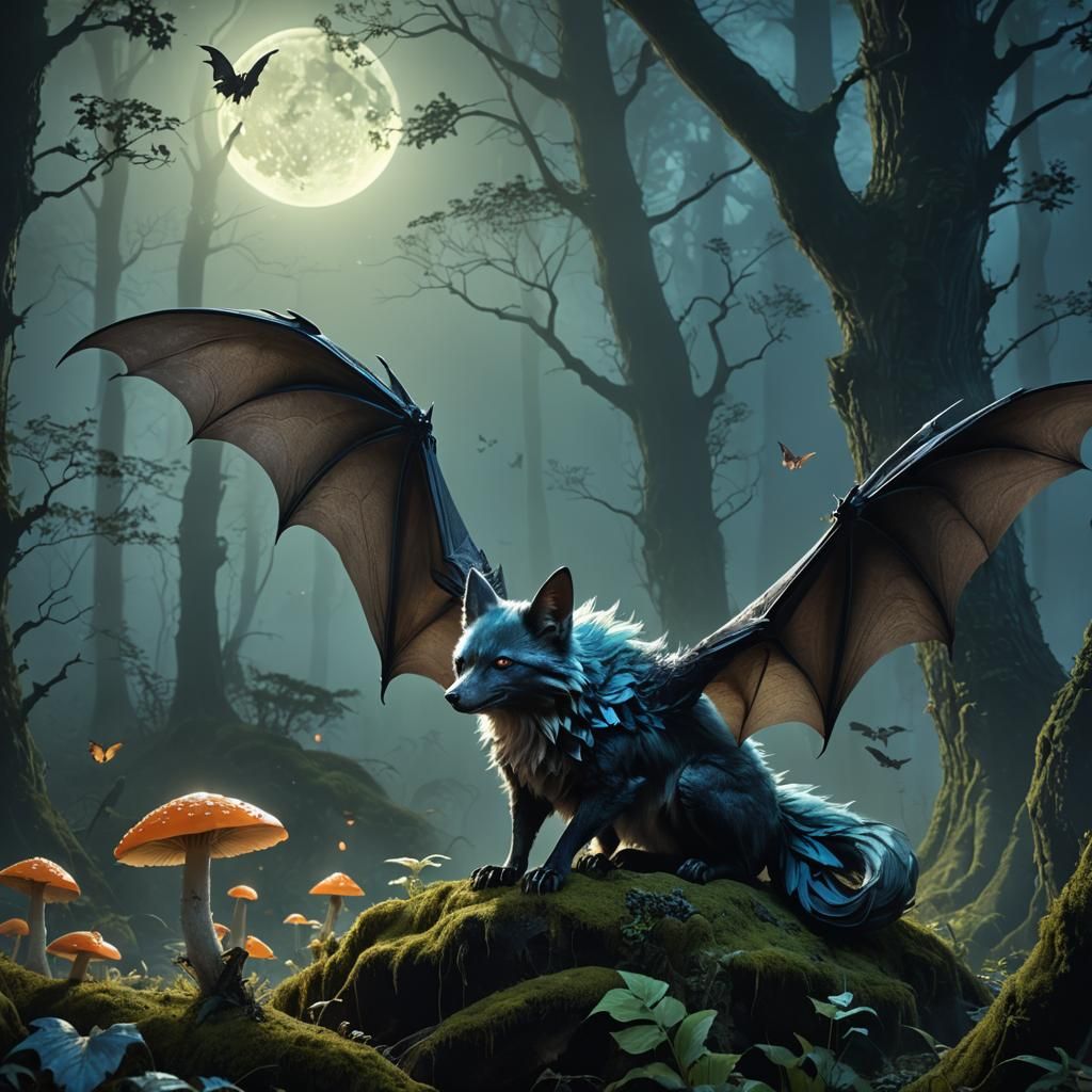 Bat-Kitsune Hybrid Perched on Mushroom: Fantasy Concept Art