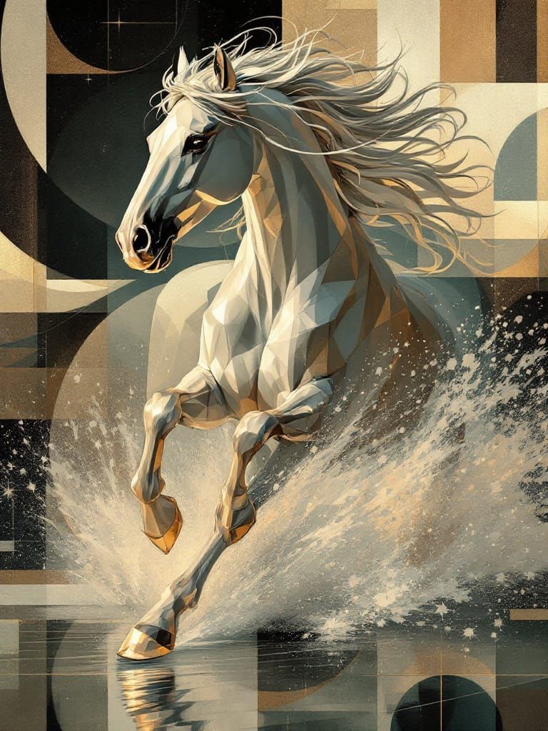 Art Deco Horse in Metallic Chrome, Geometric Style