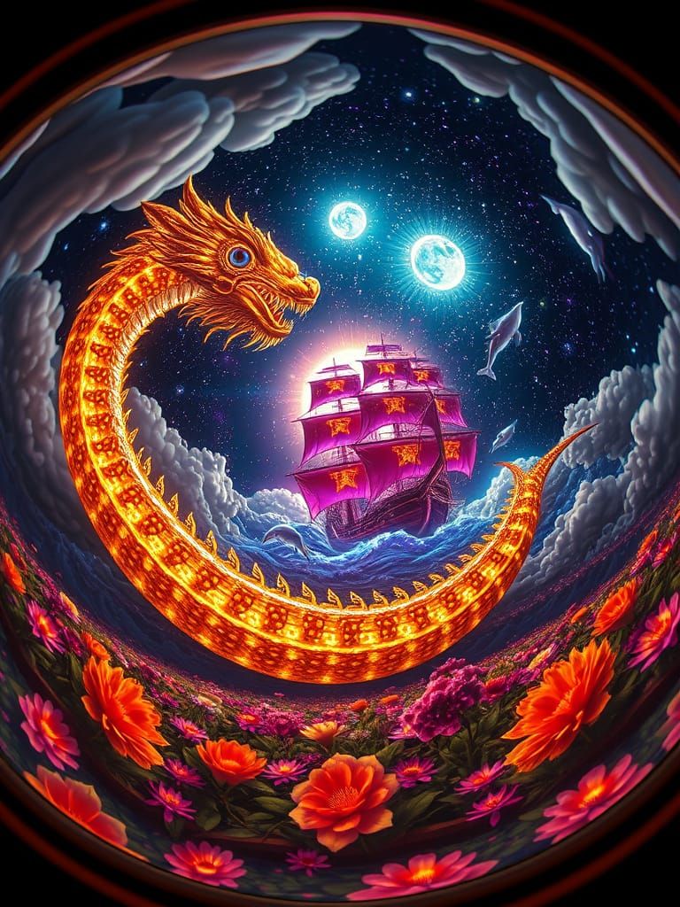 Cosmic Sea Serpent in a Neon Flower Garden