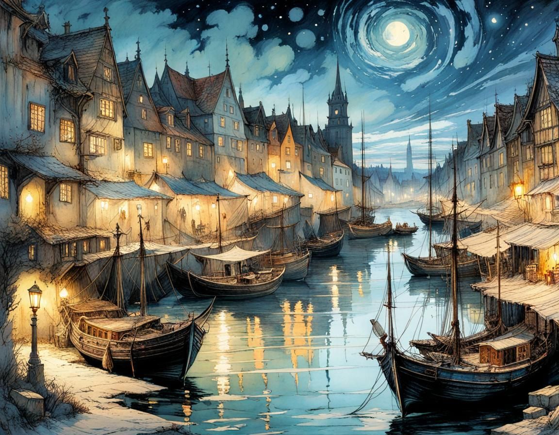 Medieval Port Town Under Starry Sky