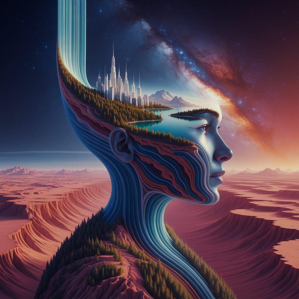 Fantastical Landscape Emerging from Explorer's Head