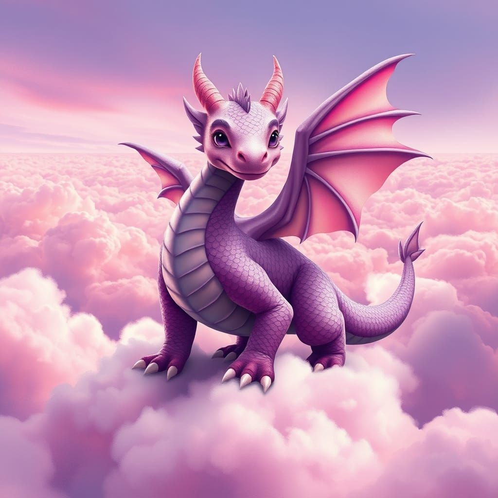 Realistic Purple-Pink Dragon Standing on Clouds