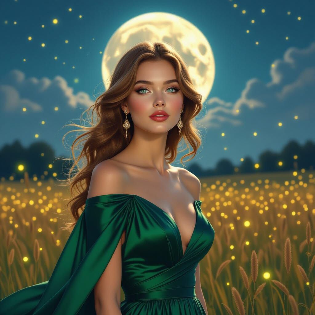 Ethereal Woman in Firefly Field, Hyperrealistic Art Nouveau ...