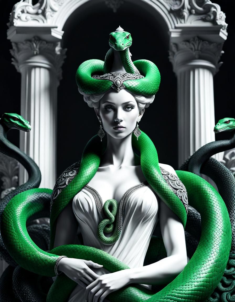 Monochrome Marble Medusa with Green Serpent