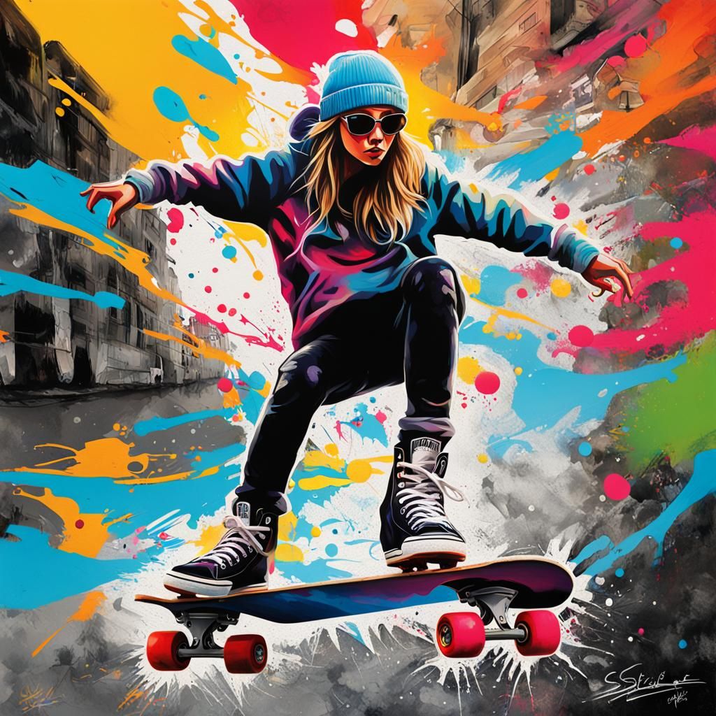 Skater Girl in Graffiti Street Art Style