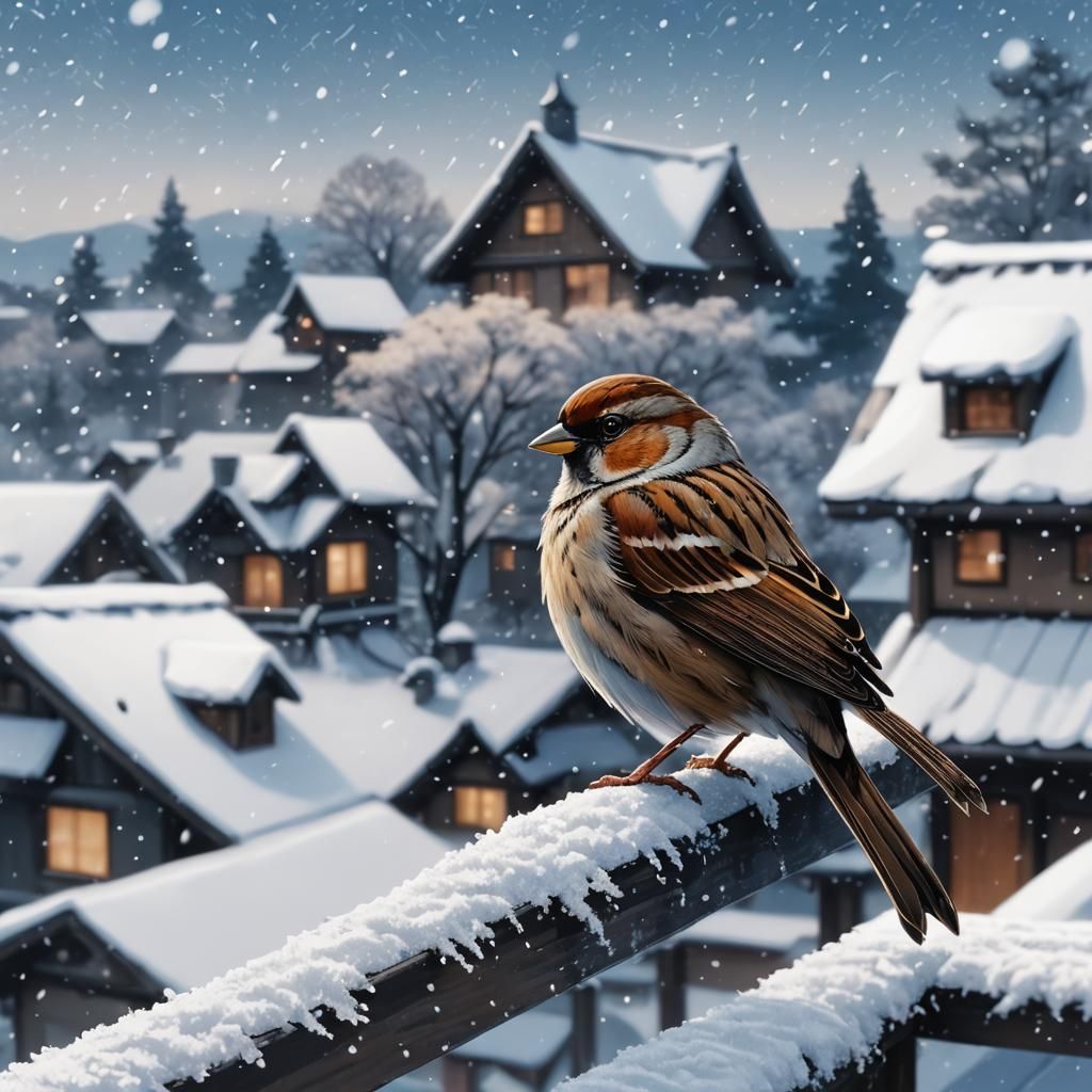 Sparrow in Winter Landscape: Cinematic Anime Style