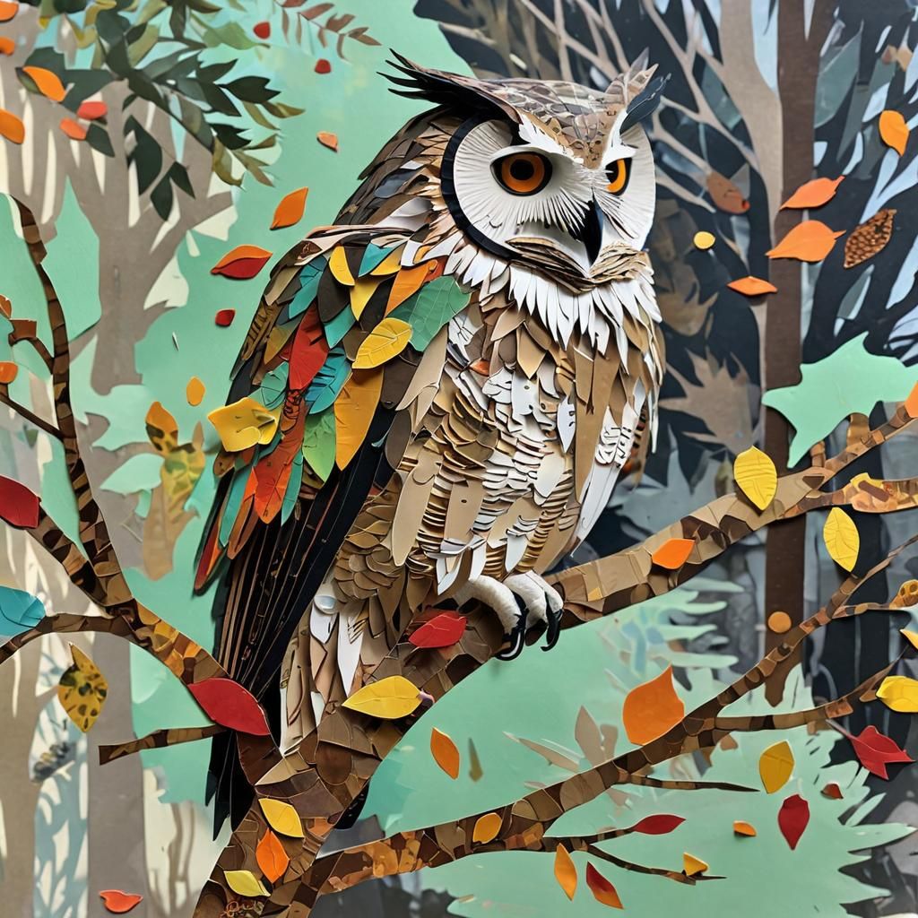Paper Collage of Owl Hiding in Autumn Leaves