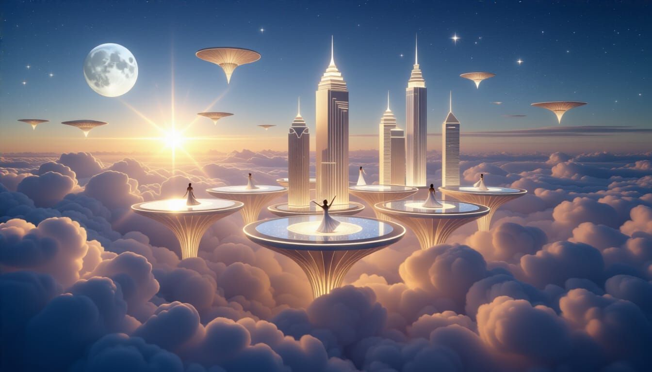 Floating City with Dancers in Art Deco Futuristic Style