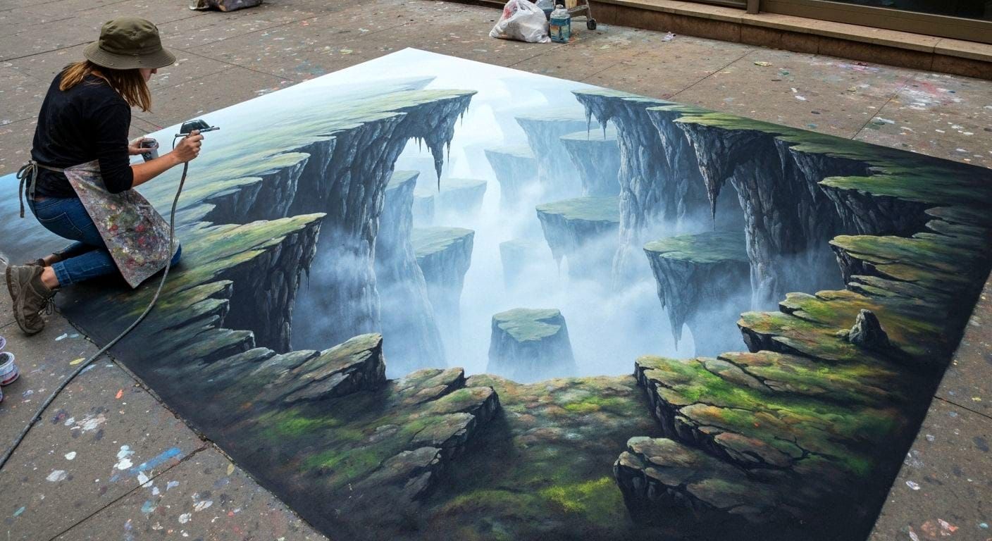 Sidewalk Chasm Illusion in Trompe L'oeil Style