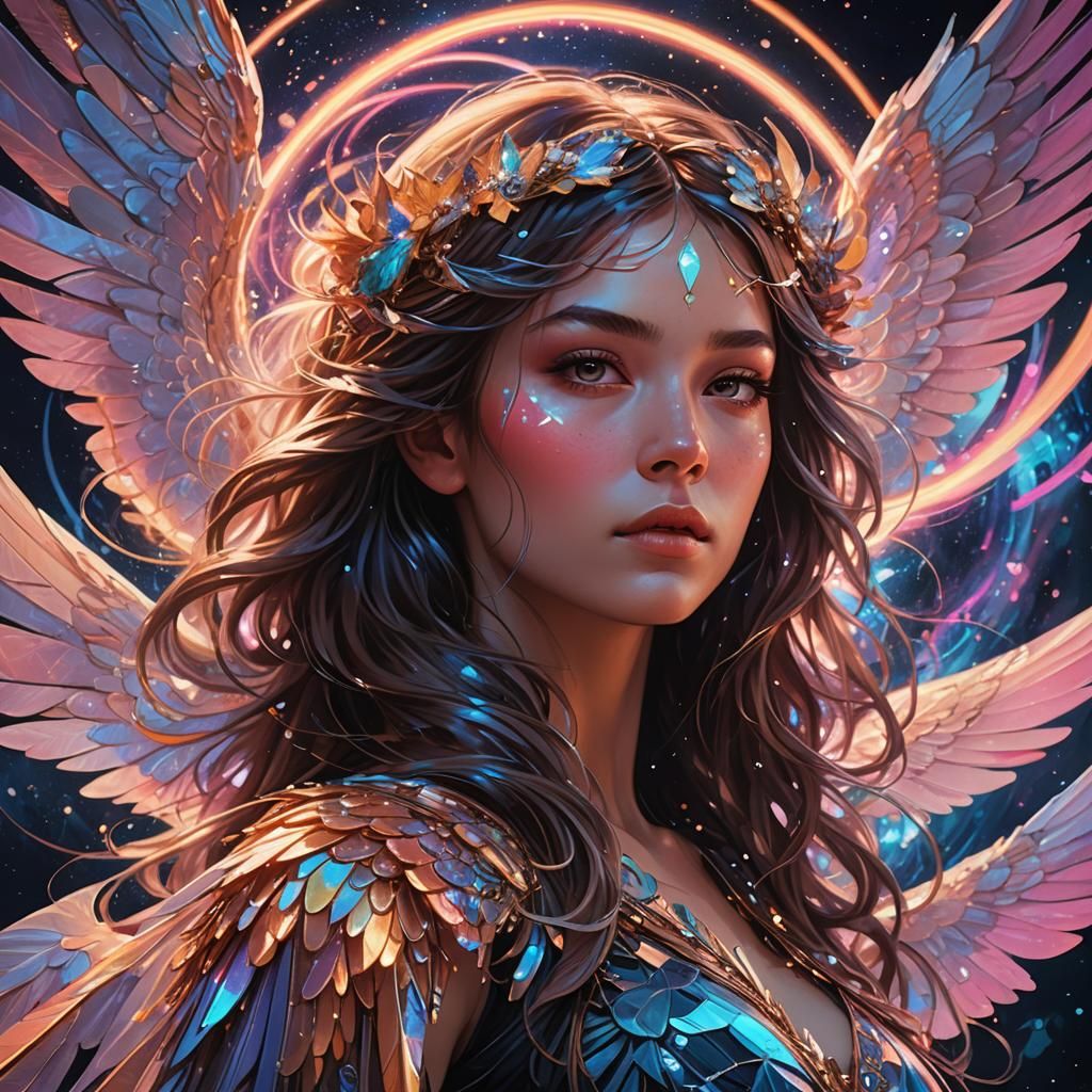 Winged Woman in Space, Ethereal Neon Portrait