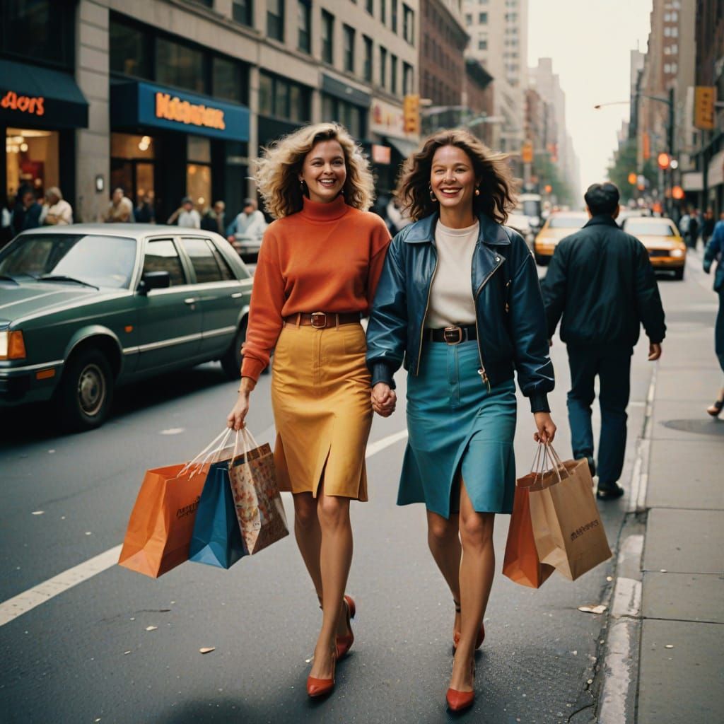 Vibrant Retro 80s Street Photography of Two Women Holding Ha...