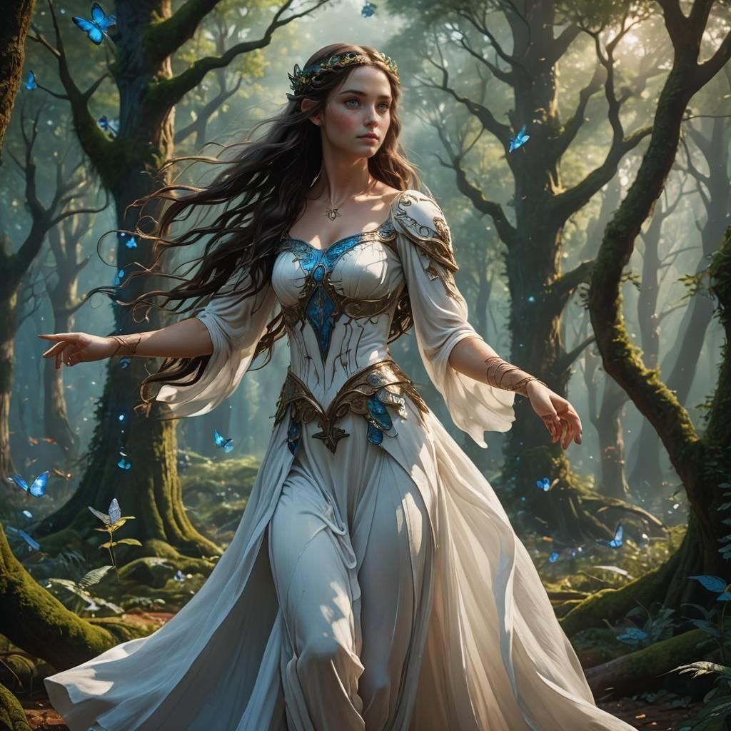 Elven Woman Dancing in Forest: Fantasy Concept Art