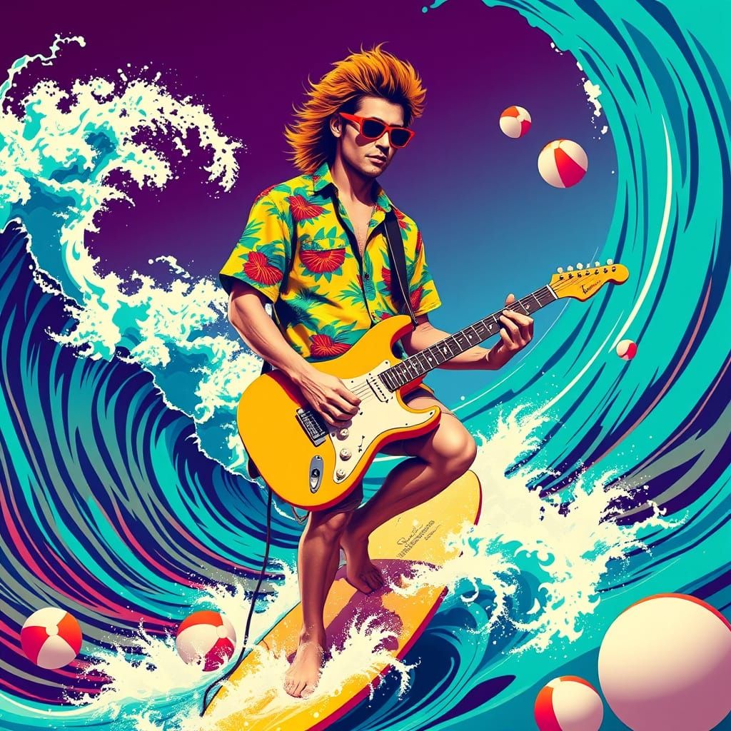 Surf Rock Guitarist in Vibrant Pop Art Style