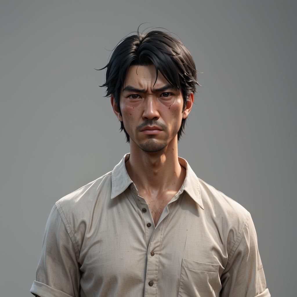 Angry Anime Peasant Man: Hyper-Realistic 3D Art