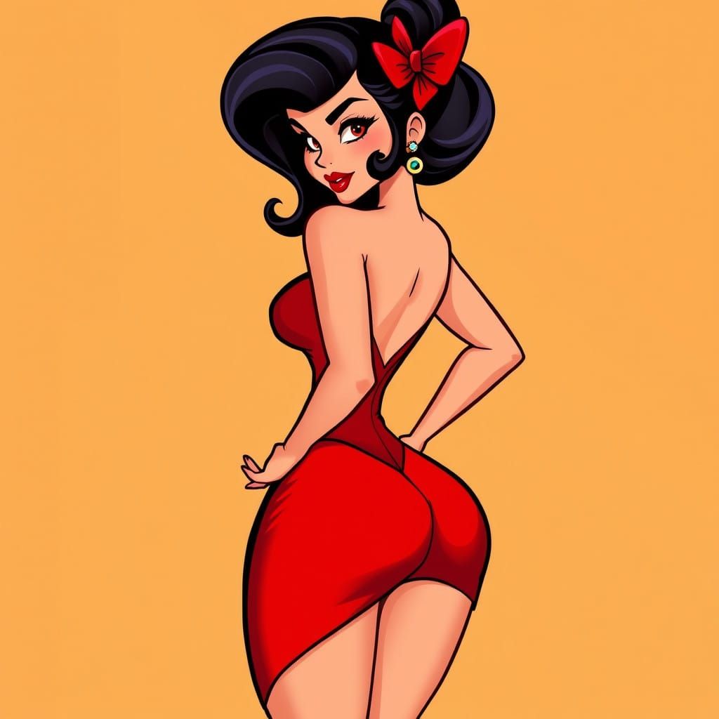 Sultry Pin-Up Girl in Red Dress, Inspired by Vintage Art
