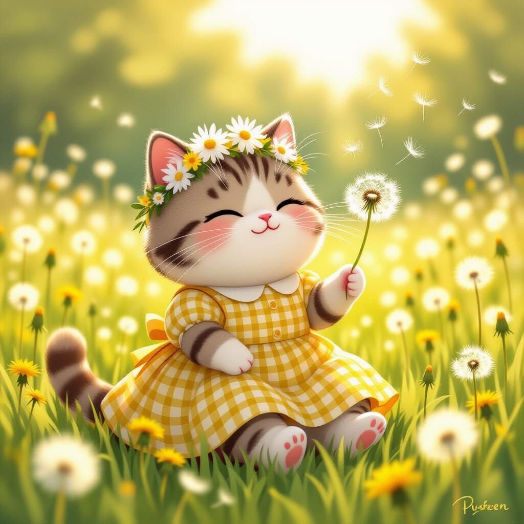 Pusheen in Yellow Dress with Dandelion Crown in Meadow
