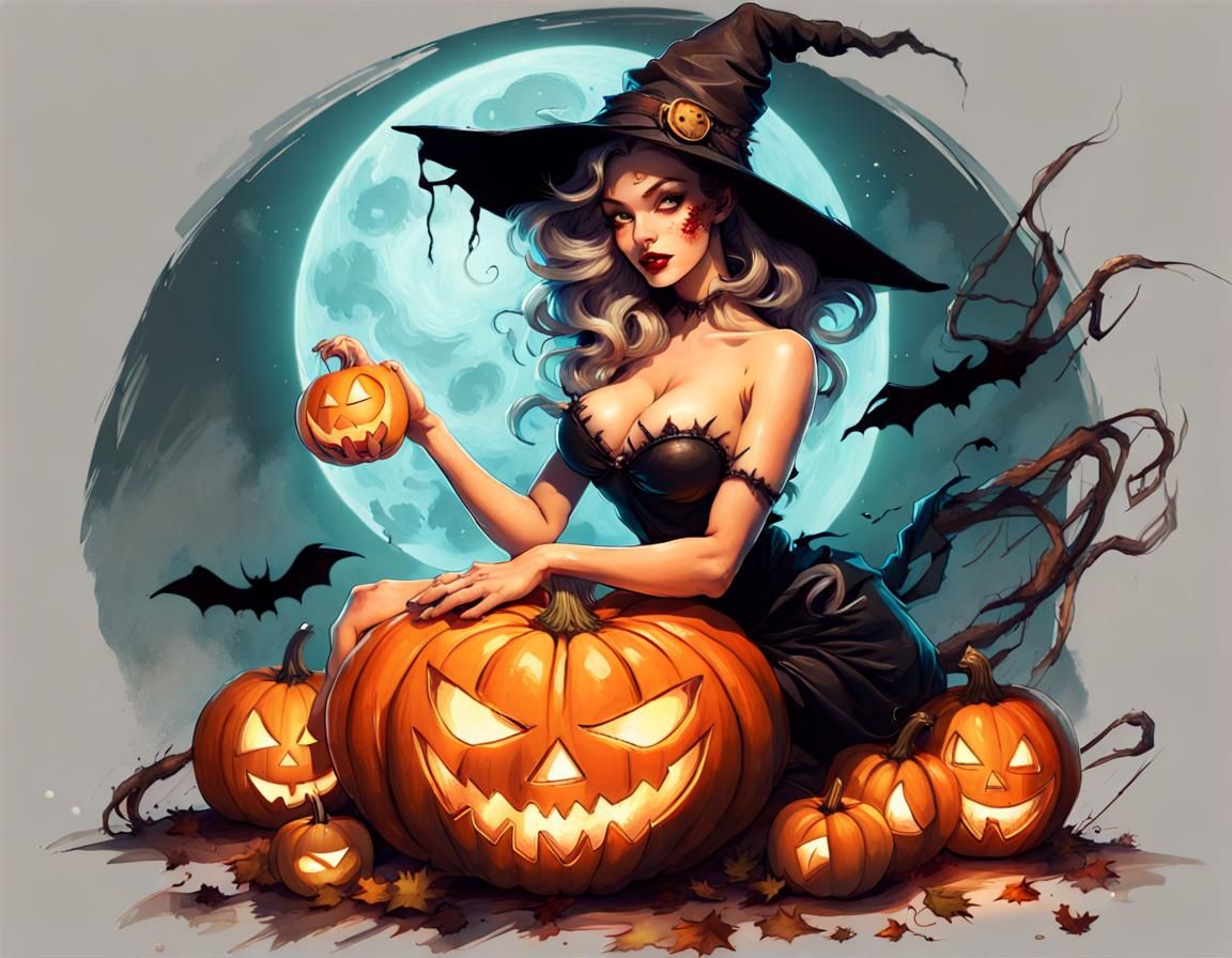 Beautiful Halloween Pinup Witch with Pumpkin