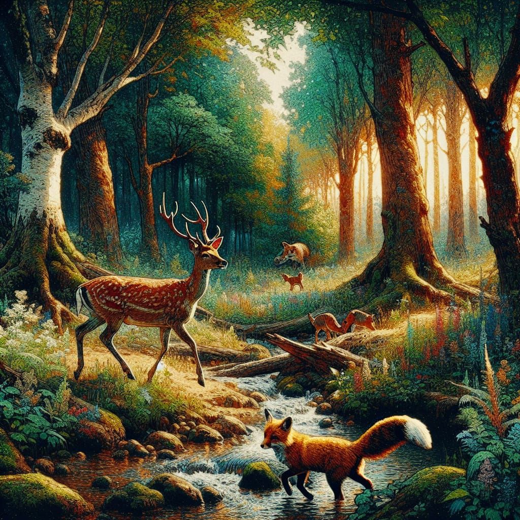 Deer and Fox in Forest, Impasto Style