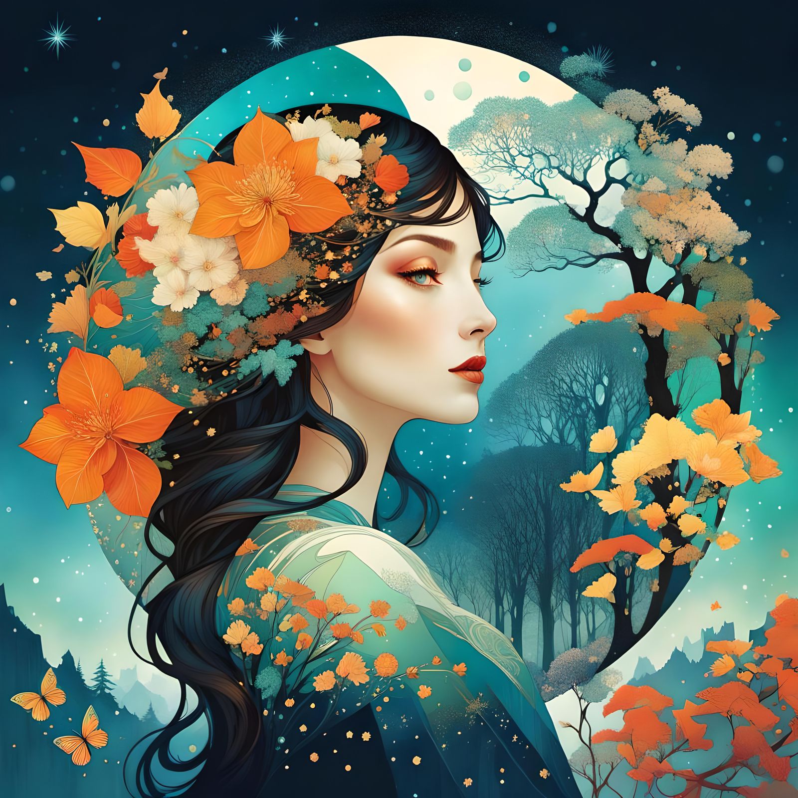 Winter and Spring Face in Art Nouveau Style