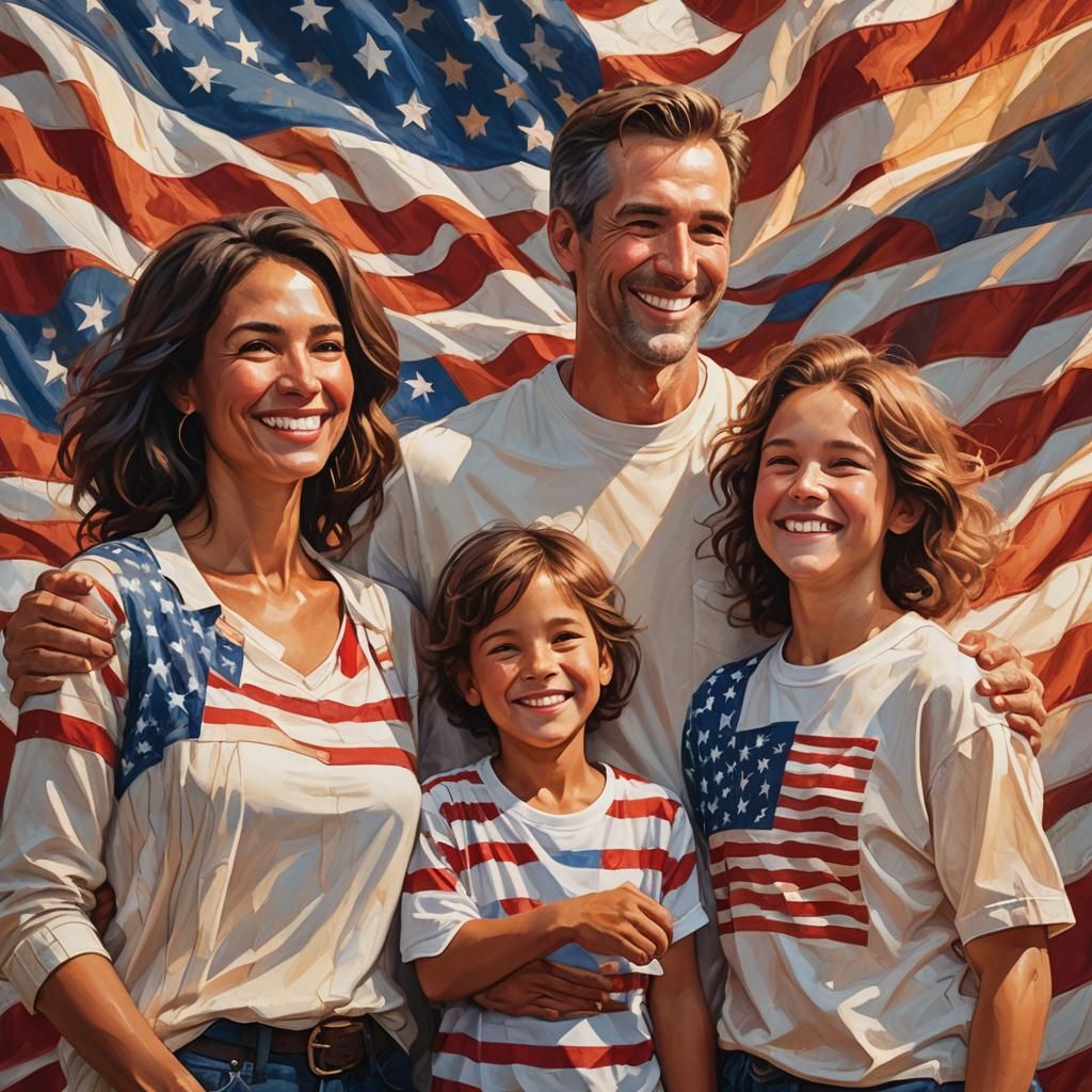 Happy Family Portrait with American Flag in Oil Painting Sty...