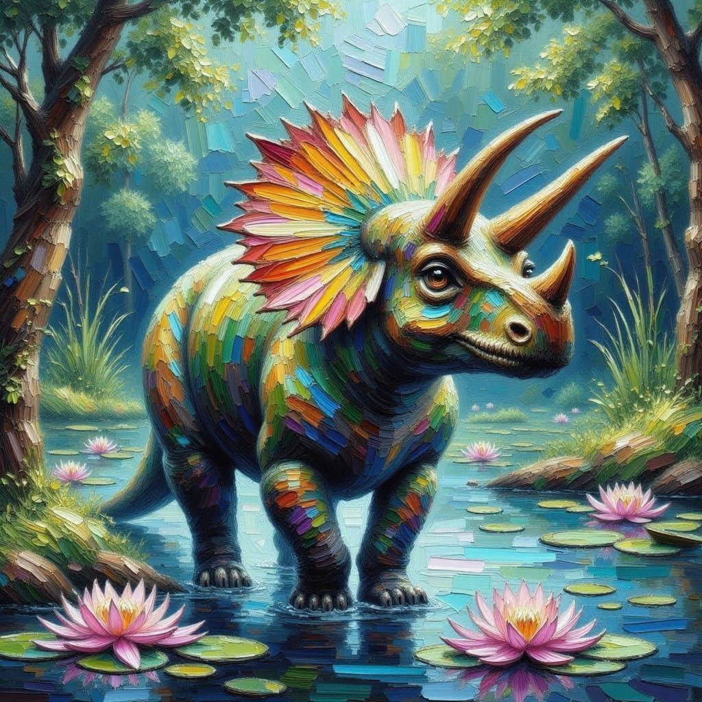 Triceratops Cooling Off: Impasto Painting of Dinosaur in Pon...