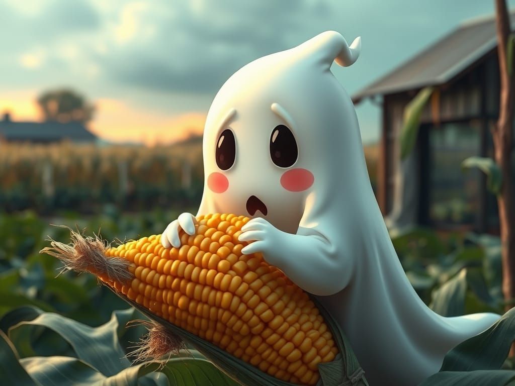 Cute Ghost Enjoying Corn on a Farm