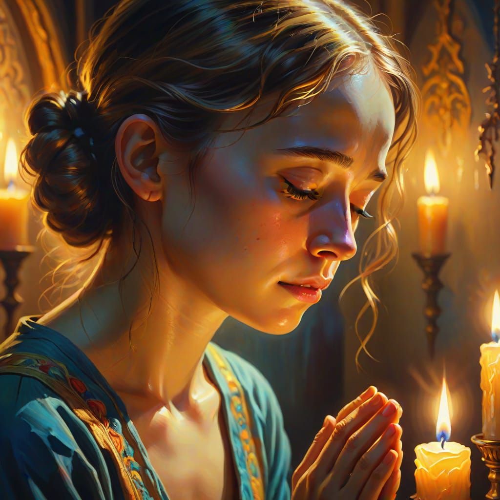 Surreal Prayer: Dreamlike Oil Painting in Candlelight