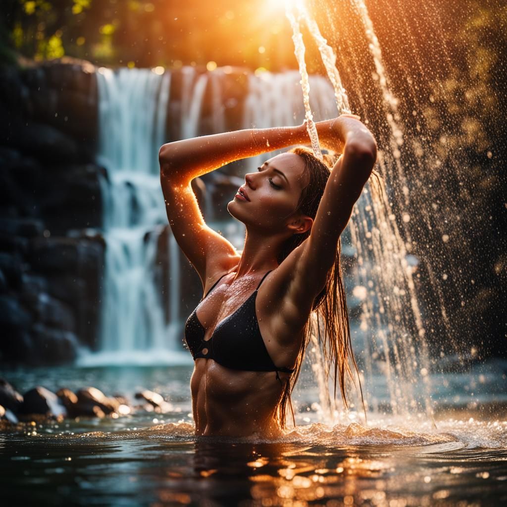 Bathing in Waterfall at Sunrise