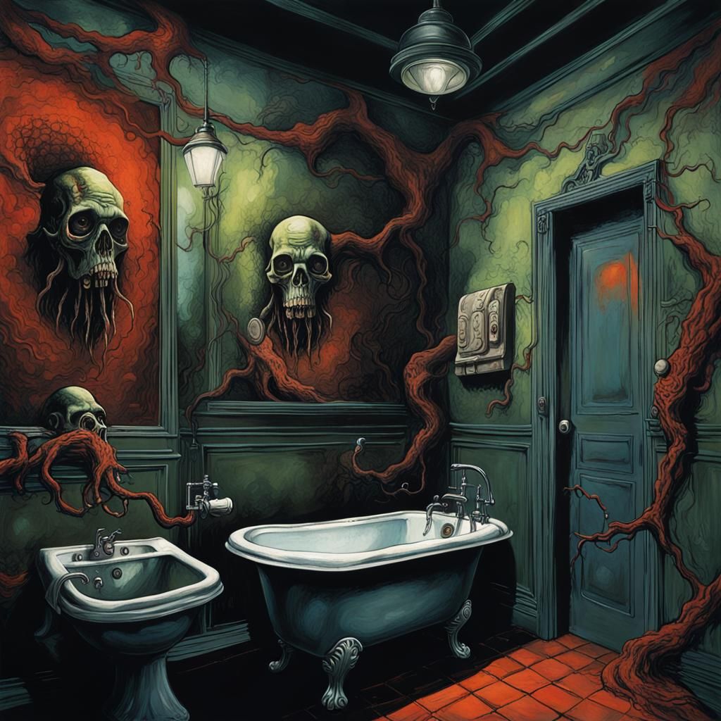 Horrorpunk Bathroom with Noir Apparition, Digital Art