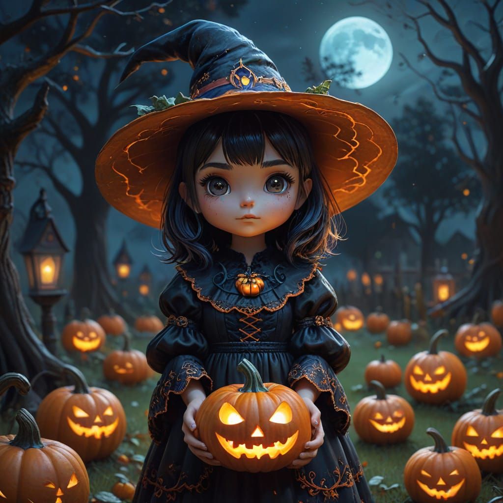 Chibi Witch Holds Pumpkin in Moonlit Garden