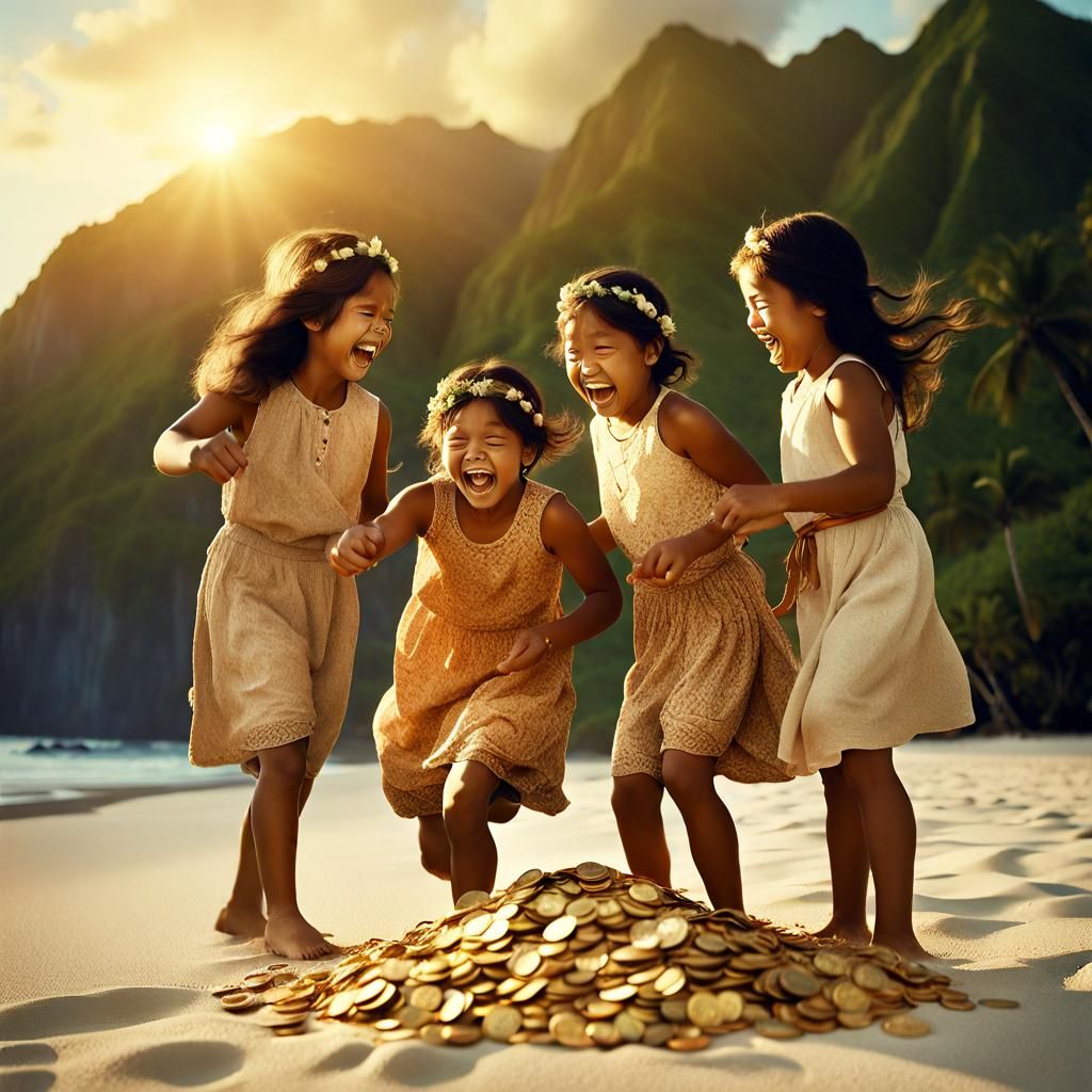 Polynesian Girls Discover Gold: Vintage Photo