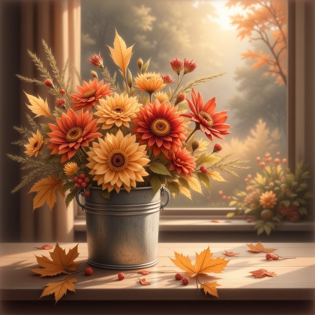 An oil painting in the style of Bob Ross. A smallish tin buc...