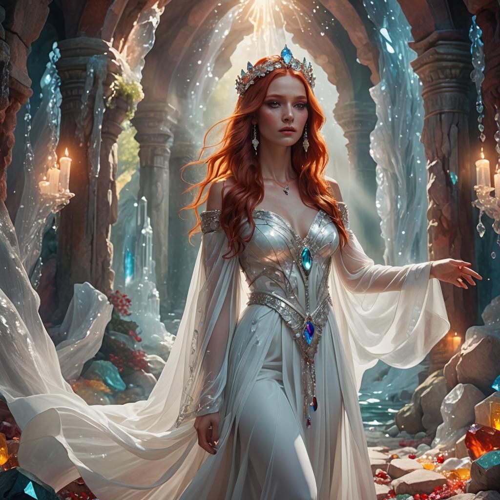 Goddess with Red Hair in Crystal Grotto