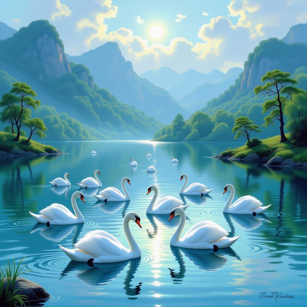 Swans Gliding on Lake: Impressionist and Surreal Style