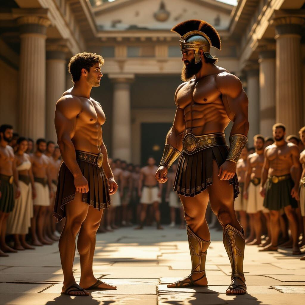 Muscular Theseus Meets Heracles in Golden Hour Agora