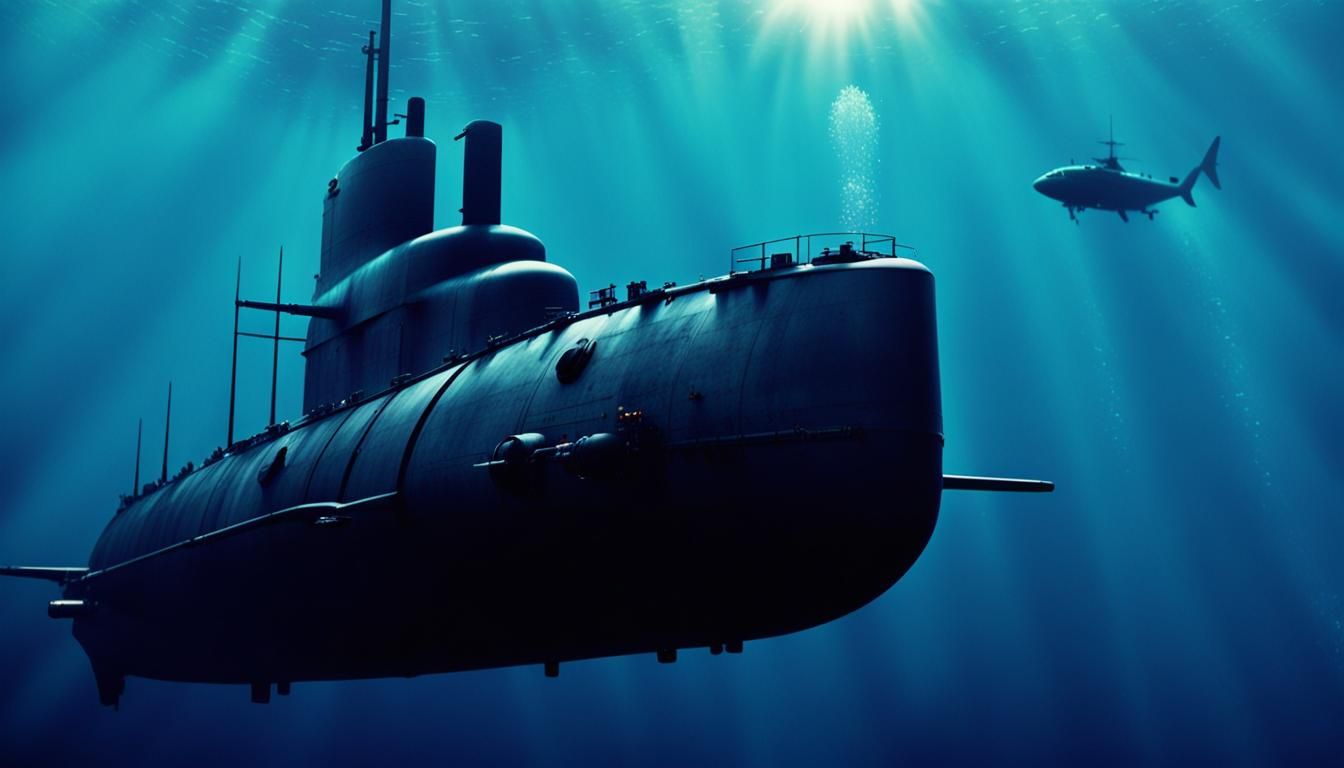 Underwater Submarine Torpedo Launch: Cinematic Film Still
