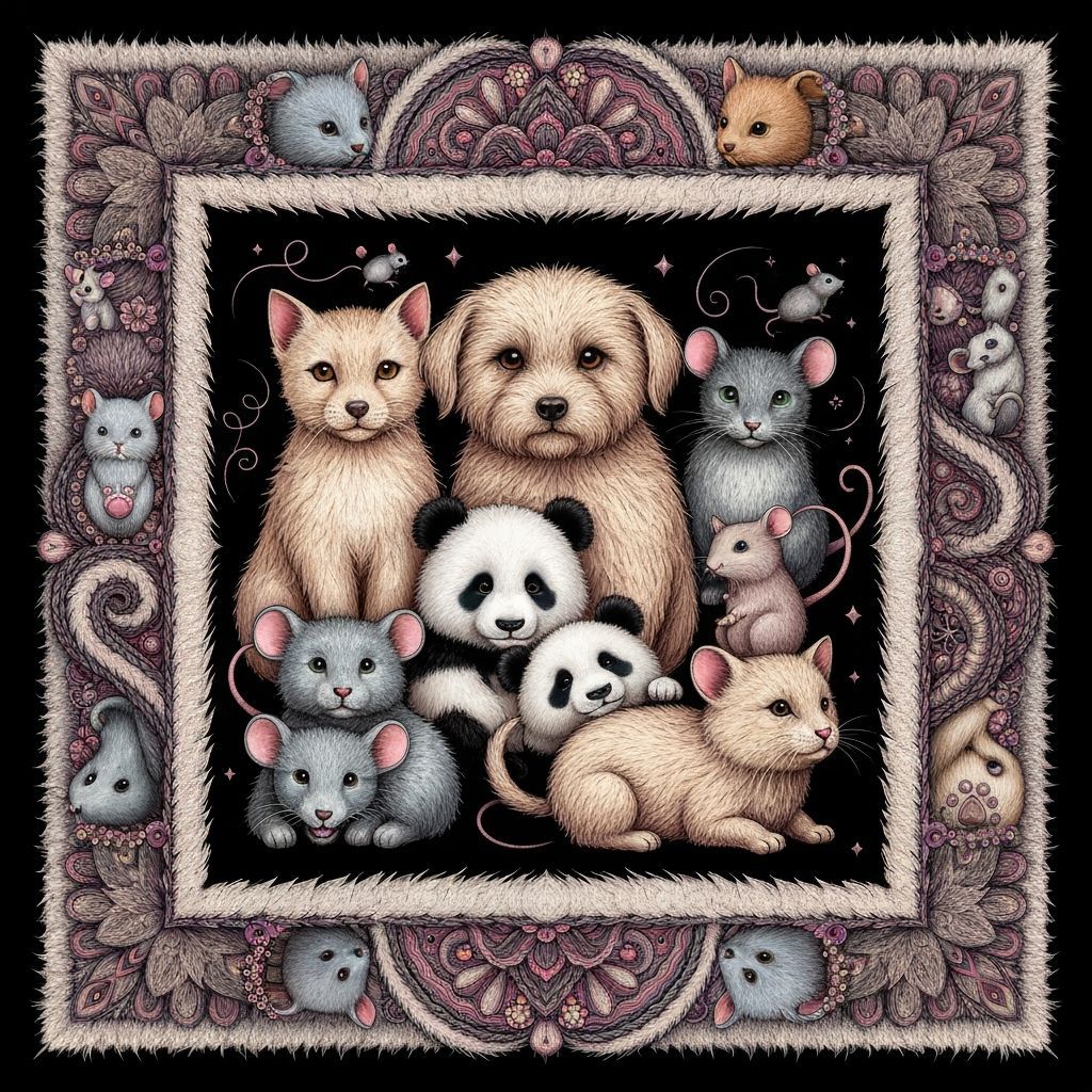 Playful Furry Friends in Whimsical Mixed Media Illustration