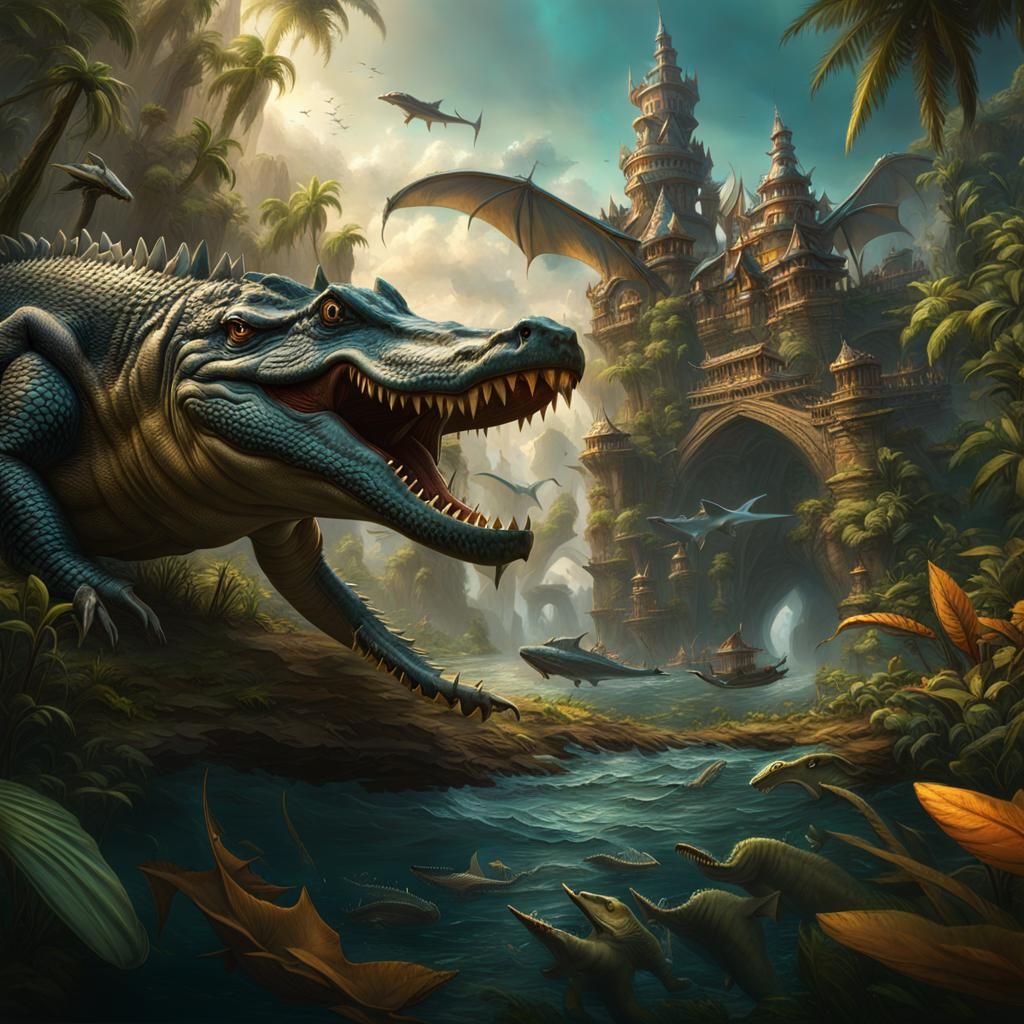Crocodile and Shark Battle: Detailed Matte Painting
