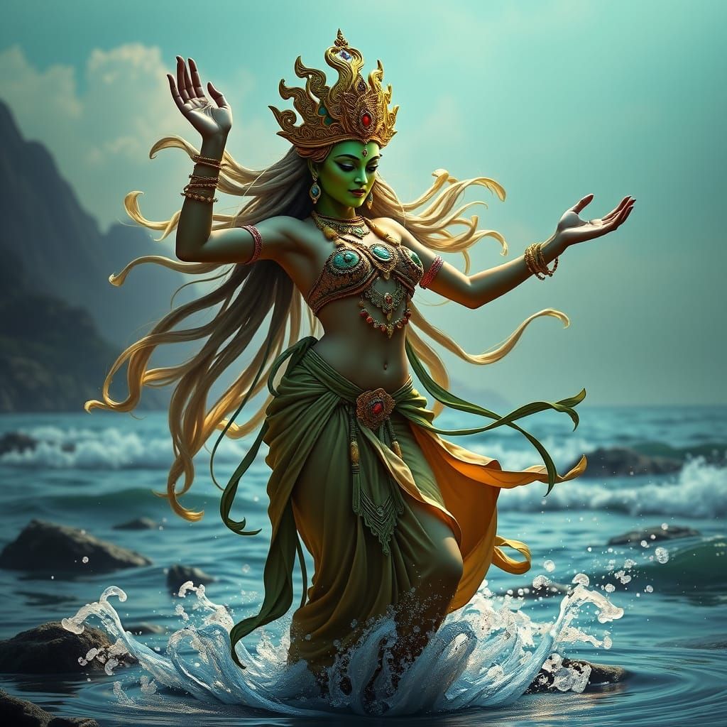 Ethereal Green Tara Goddess Dancing by the Sea in Dreamlike ...