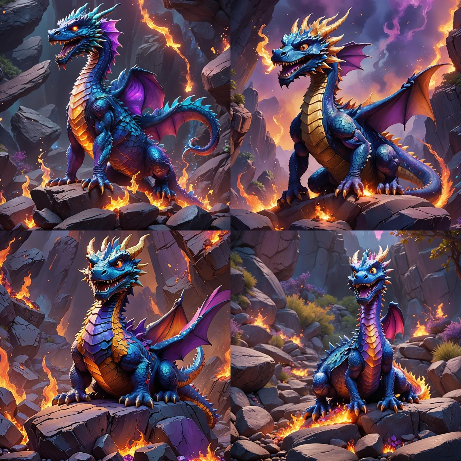 Blue and Purple Dragon Emitting Fire: 3D Digital Art
