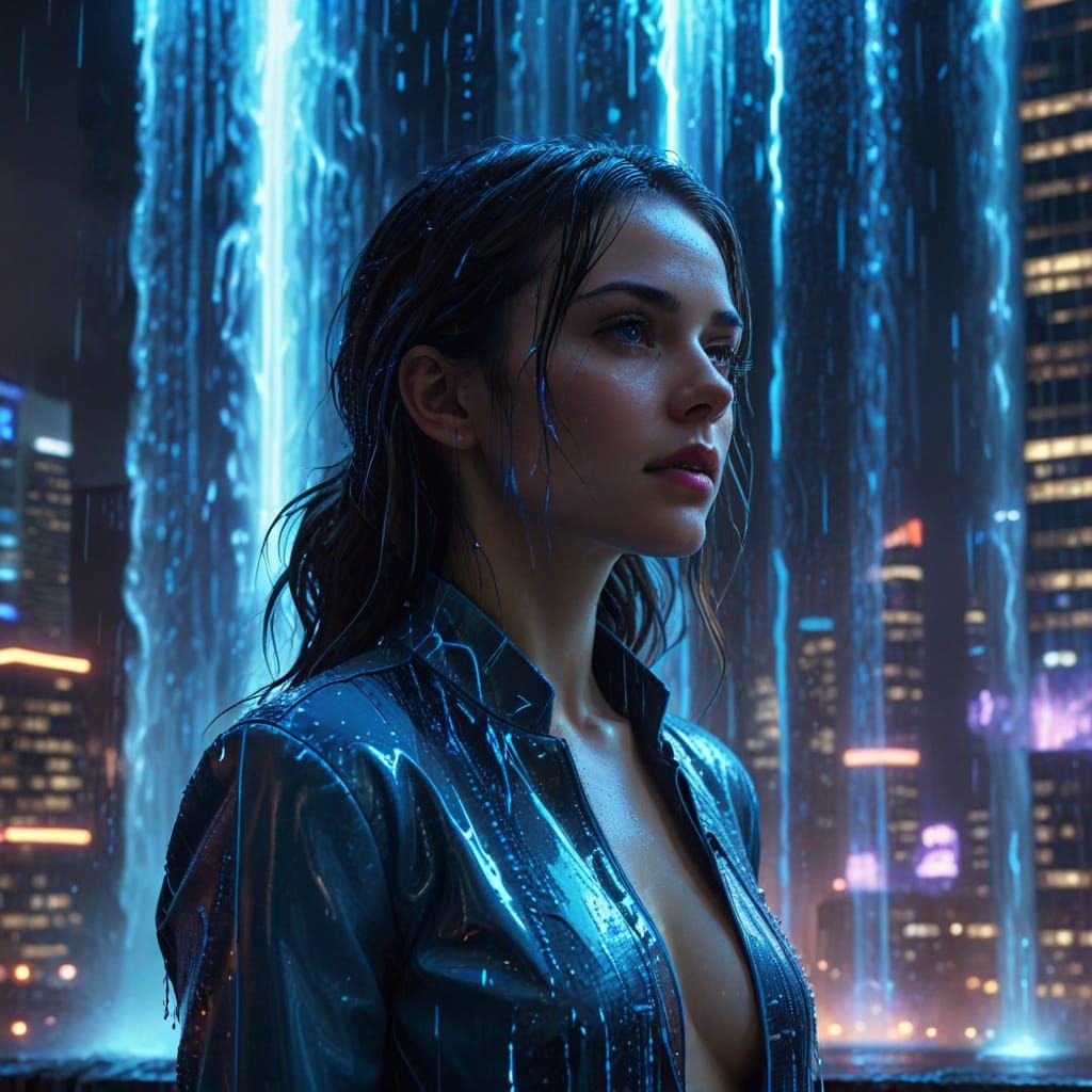 Woman Beside Digital Waterfall in Neon Cityscape